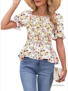Puff Short Sleeve Babydoll Top Floral Summer Peplum Blouse Smocked Square Neck
